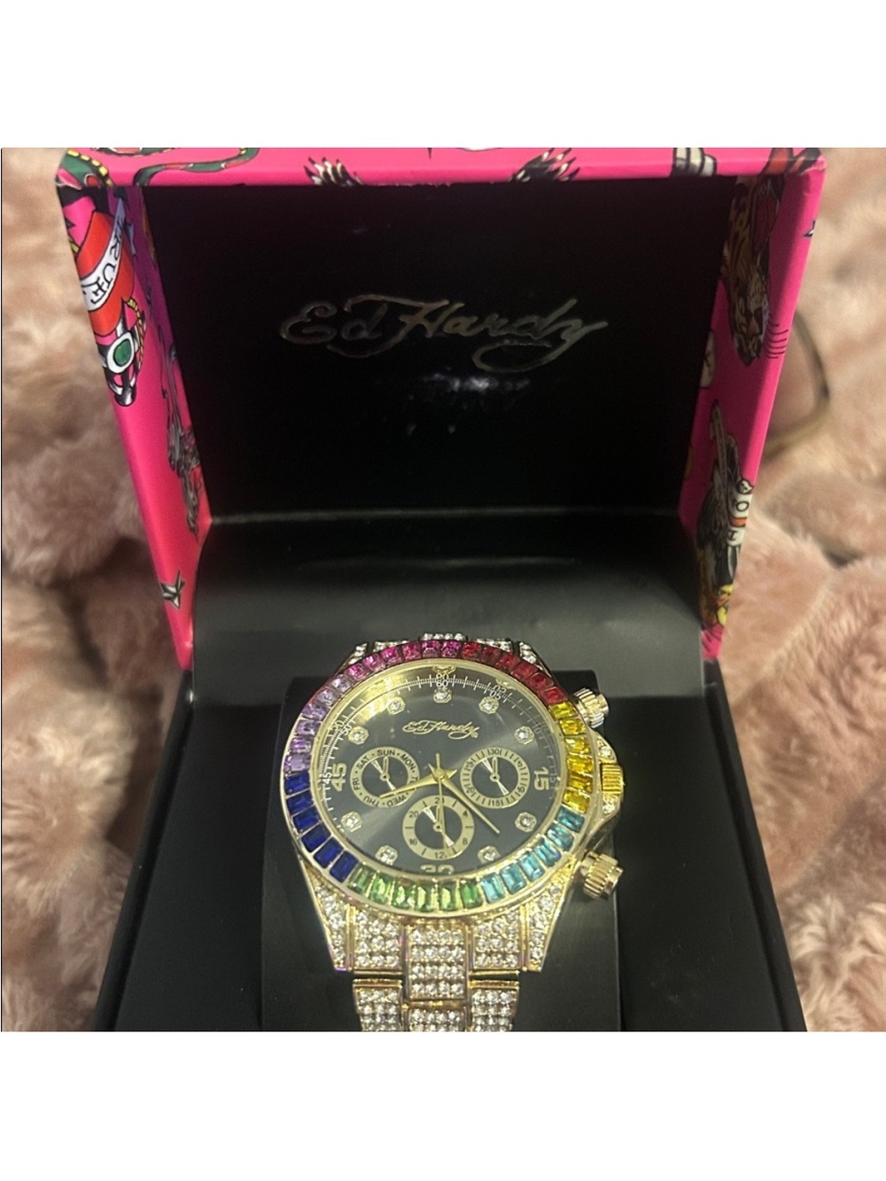 Ed Hardy Rainbow Crystal Gold-Tone Chronograph Watch